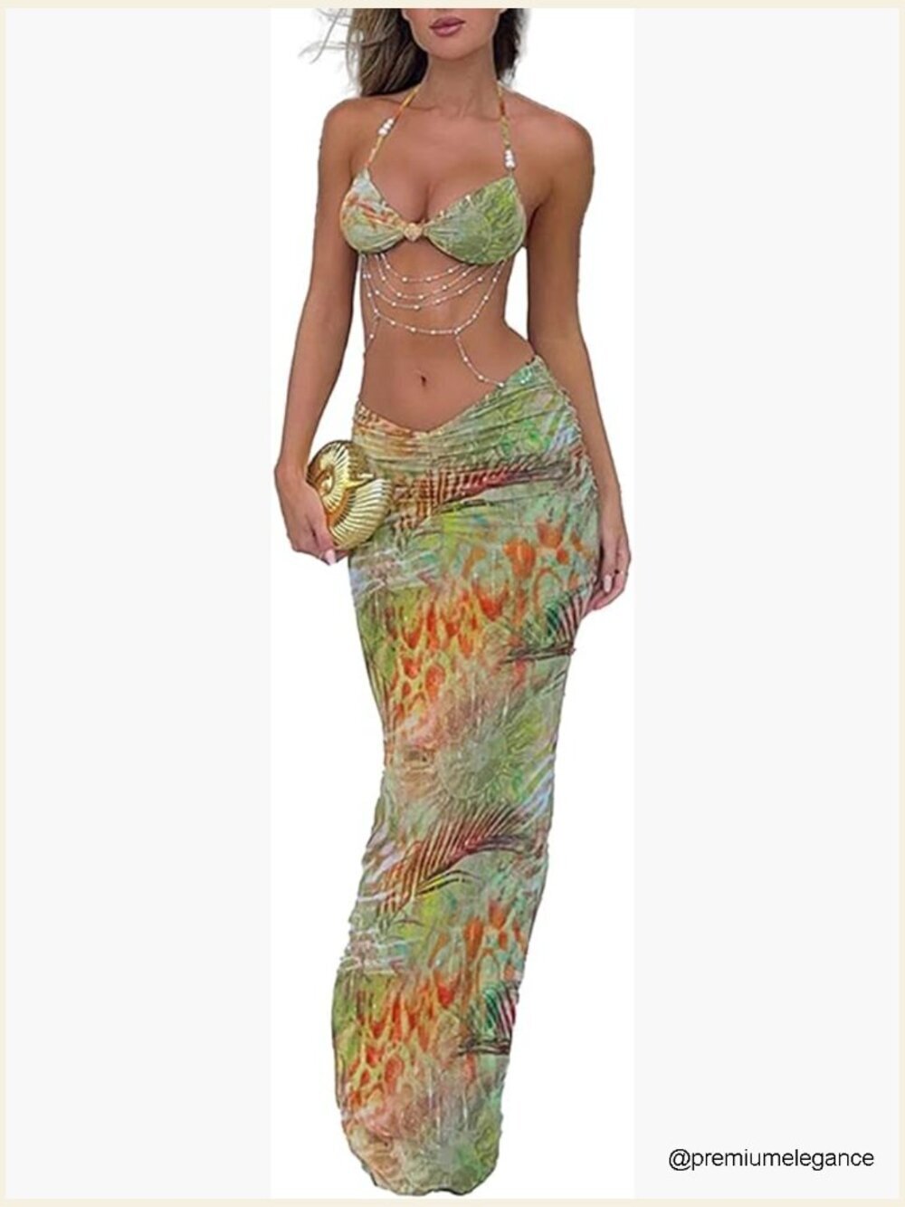 2 Piece Maxi Skirt Set Ruched Backless Crop Top Cut Out Skirt